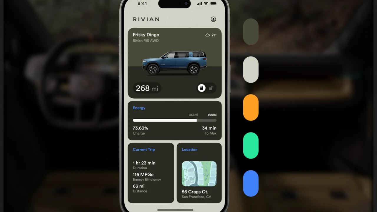 A concept Rivian owner app home screen on an iPhone, resting on a blurred vehicle interior